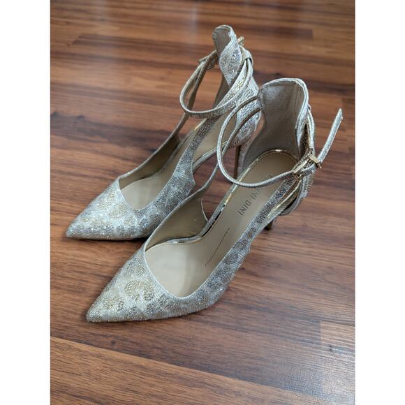 Gianni Bini Leopard Glitter Gold Pointed Toe Heels- Size 7M - Strappy Pumps - Picture 2 of 7